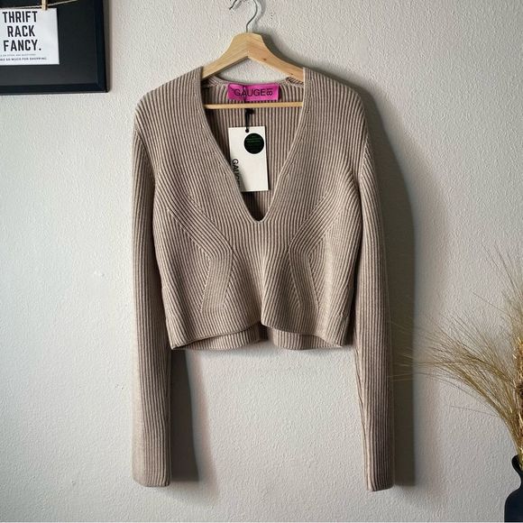 NEW Gauge81 Sweater Ribbed V-neck Tan Size L - Picture 1 of 9